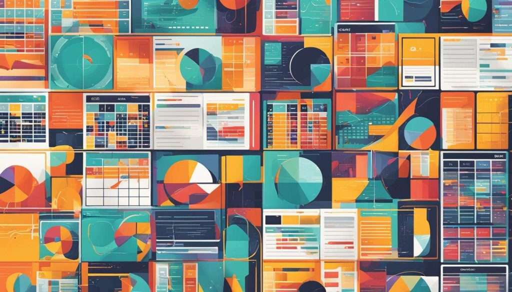 A colorful poster with various shapes.