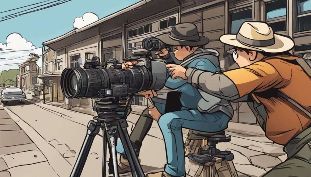 Two cameramen in hats are holding a camera in front of a street.