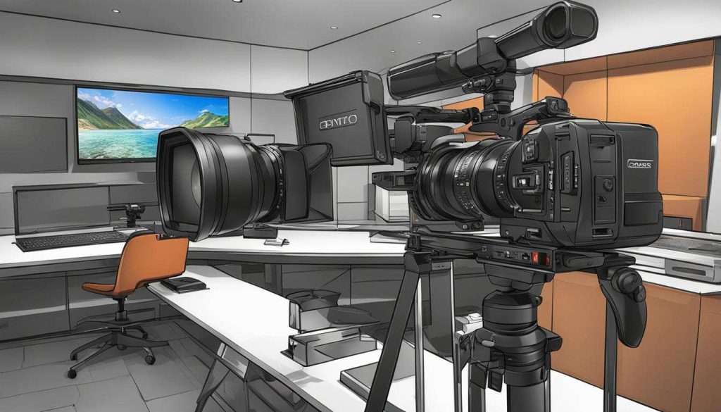 A drawing of a studio with a cameraman operating a camera.