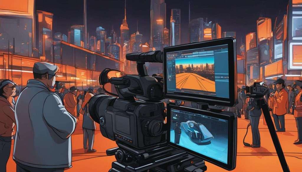 A video production agencies capturing footage of a bustling city with a video camera.