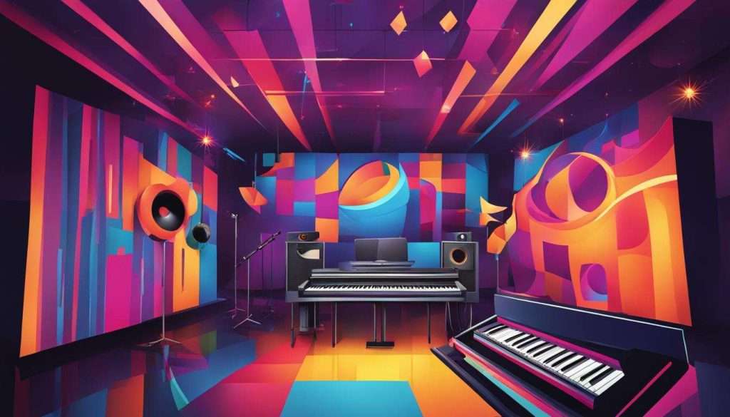 A vibrant music room equipped with a piano and other instruments, suitable for SA production companies looking for an inspiring space.