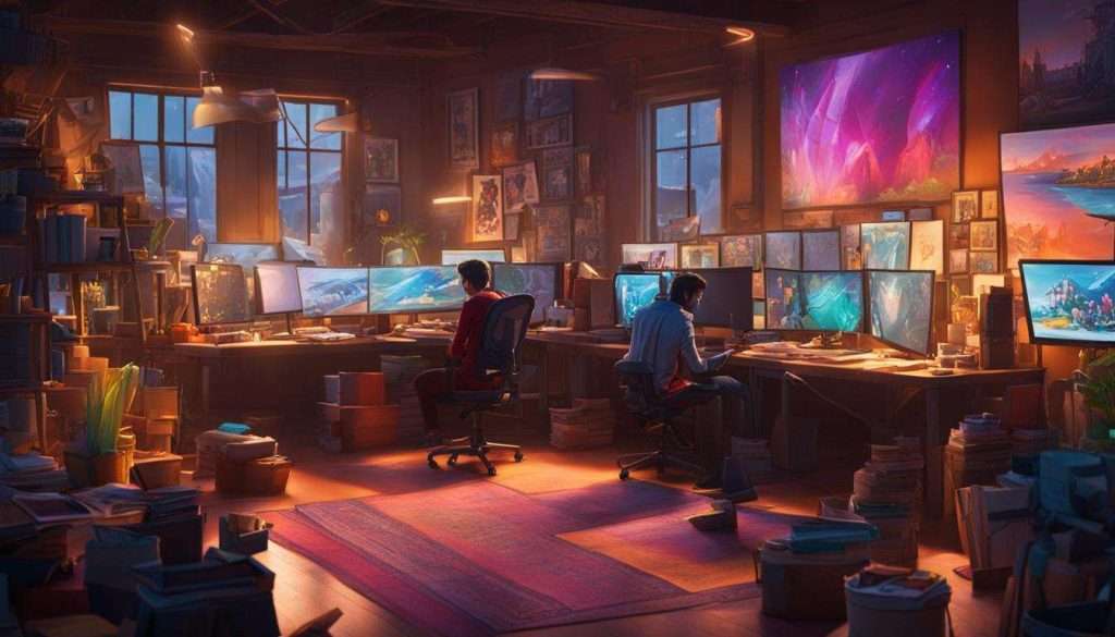 Two people are sitting at desks in a room with many monitors at one of the production companies in Johannesburg.