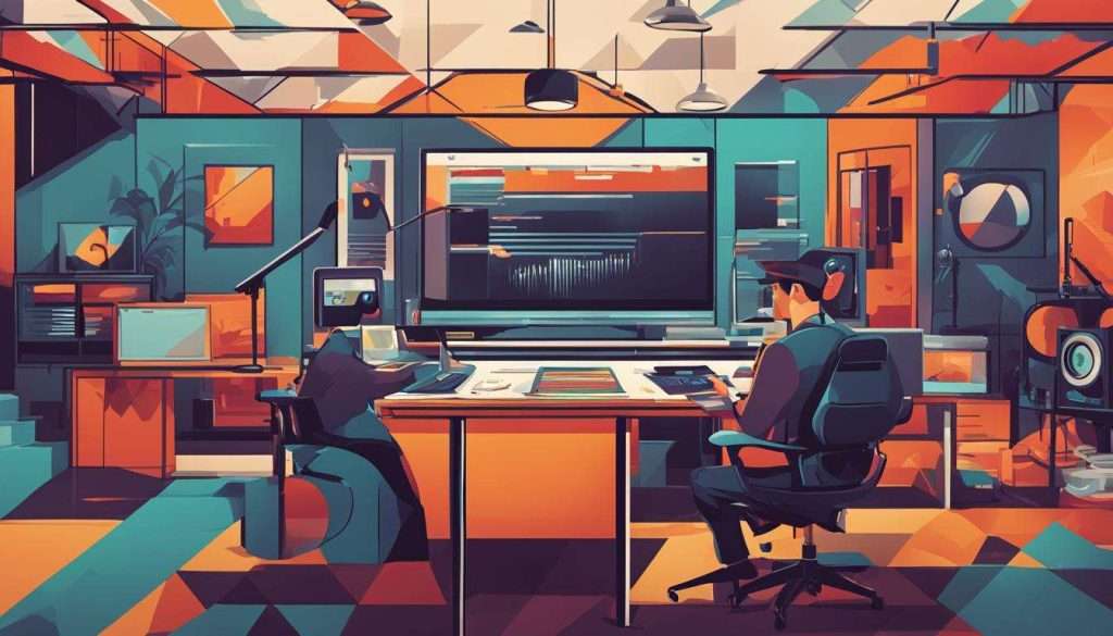 An illustration of two people working in a video production studio.