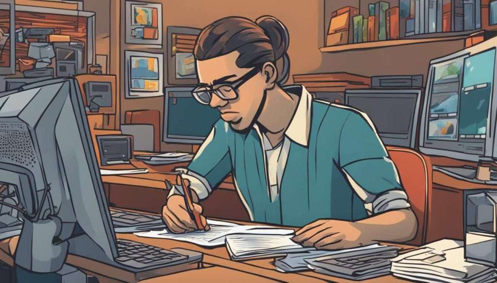A cartoon illustration of a man working at a desk while pondering how to find a video production company.