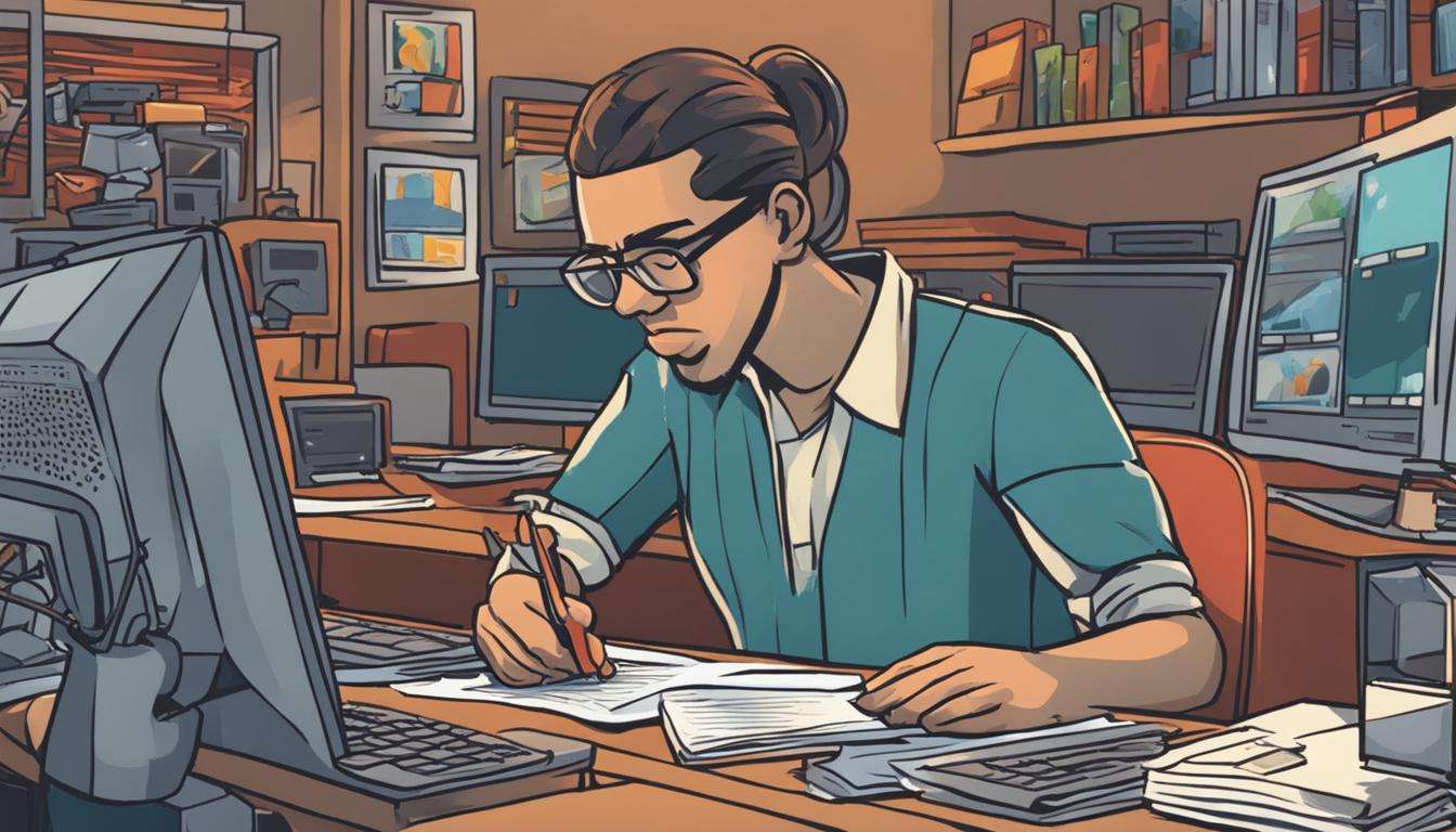 A cartoon illustration of a man working at a desk while pondering how to find a video production company.