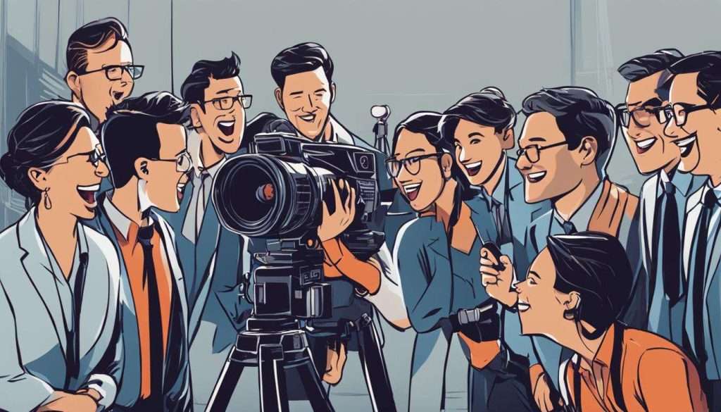 An illustration of a group of people with a camera capturing video.
