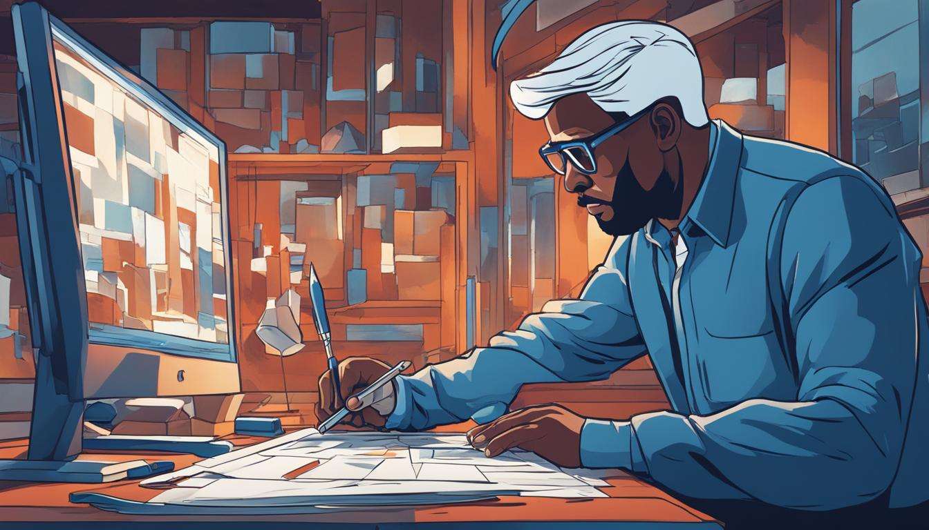 An illustration of a man working on video creations using a computer.
