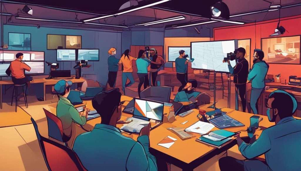 A group of people evaluating video production companies at a table in an office.