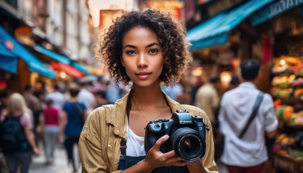A young woman holding a camera in a crowded market.