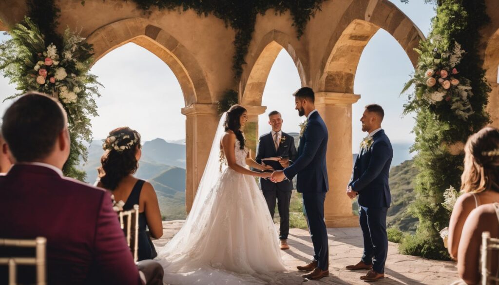 A bride and groom exchange vows at an outdoor wedding ceremony.