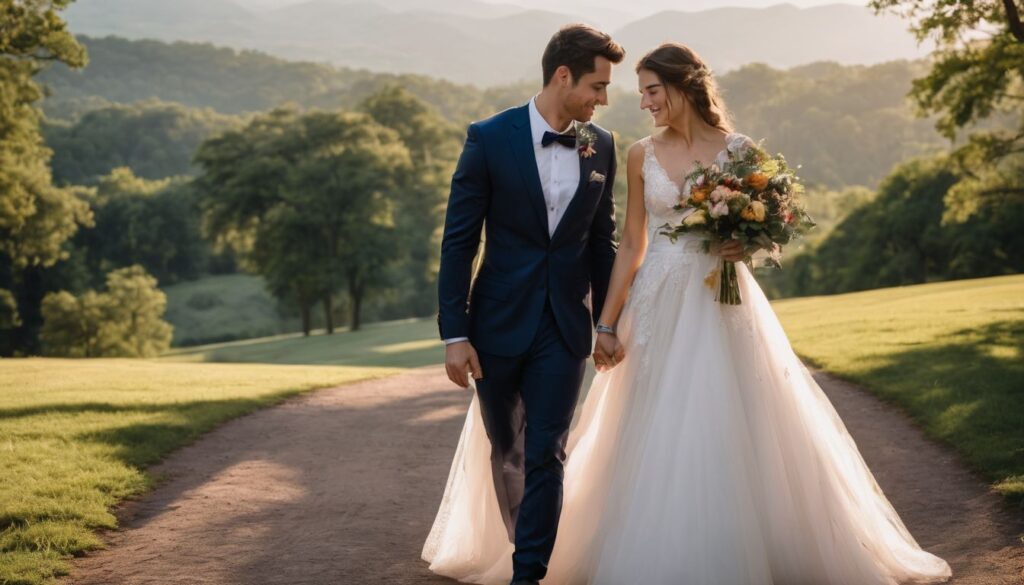 A bride and groom walking down a path in the mountains.