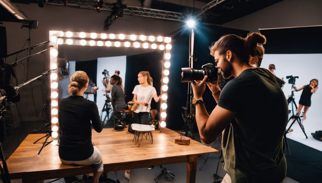 A group of people taking pictures in a studio.