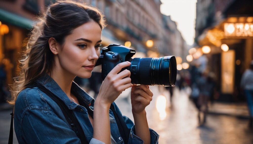 A woman is taking a picture with her dslr camera.