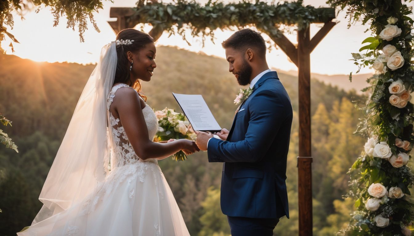A bride and groom exchanging their wedding vows at sunset.
