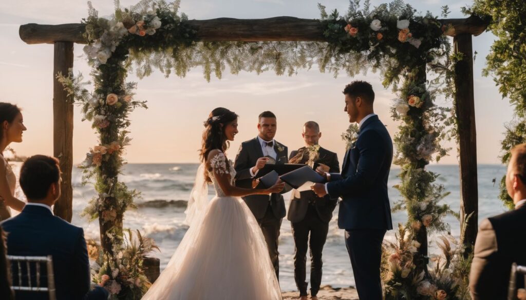 A bride and groom exchange vows on the beach at sunset.