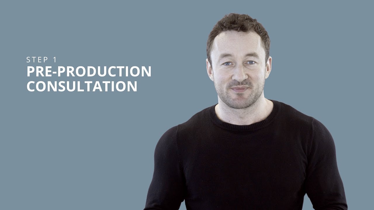 Man presenting the first step of a process titled "robust pre-production consultation.