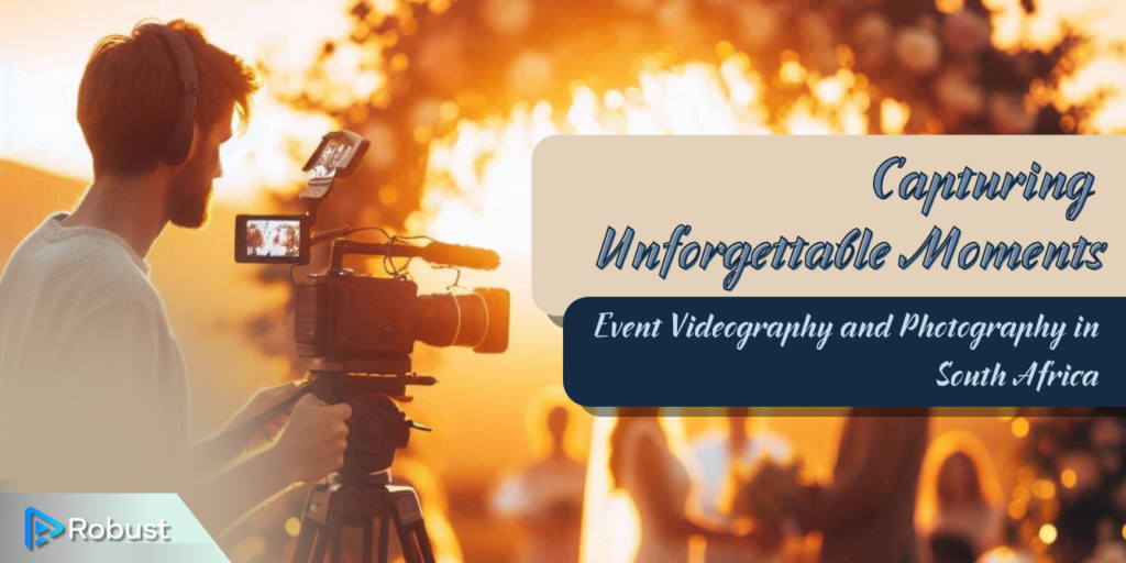 A person films an outdoor event with a professional video camera at sunset; text promotes event videography and photography in South Africa.