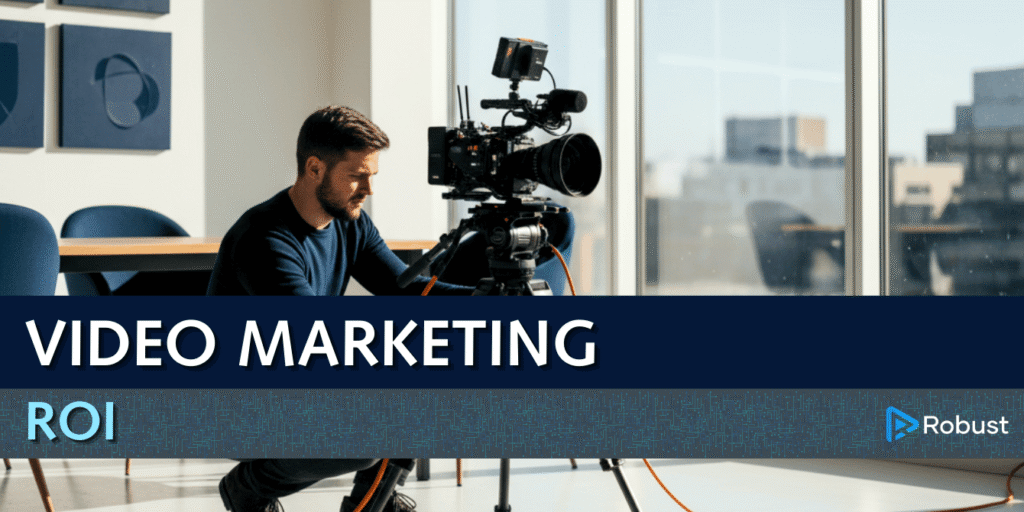 A man operates a professional video camera in a modern office. Text overlay reads "Video Marketing ROI" with the Robust logo in the corner.