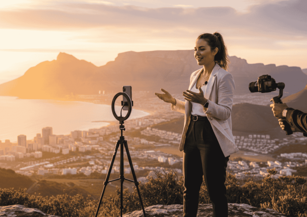 A woman speaks to a smartphone mounted on a tripod with a ring light, while another person films her outdoors overlooking a city and mountains at sunset.