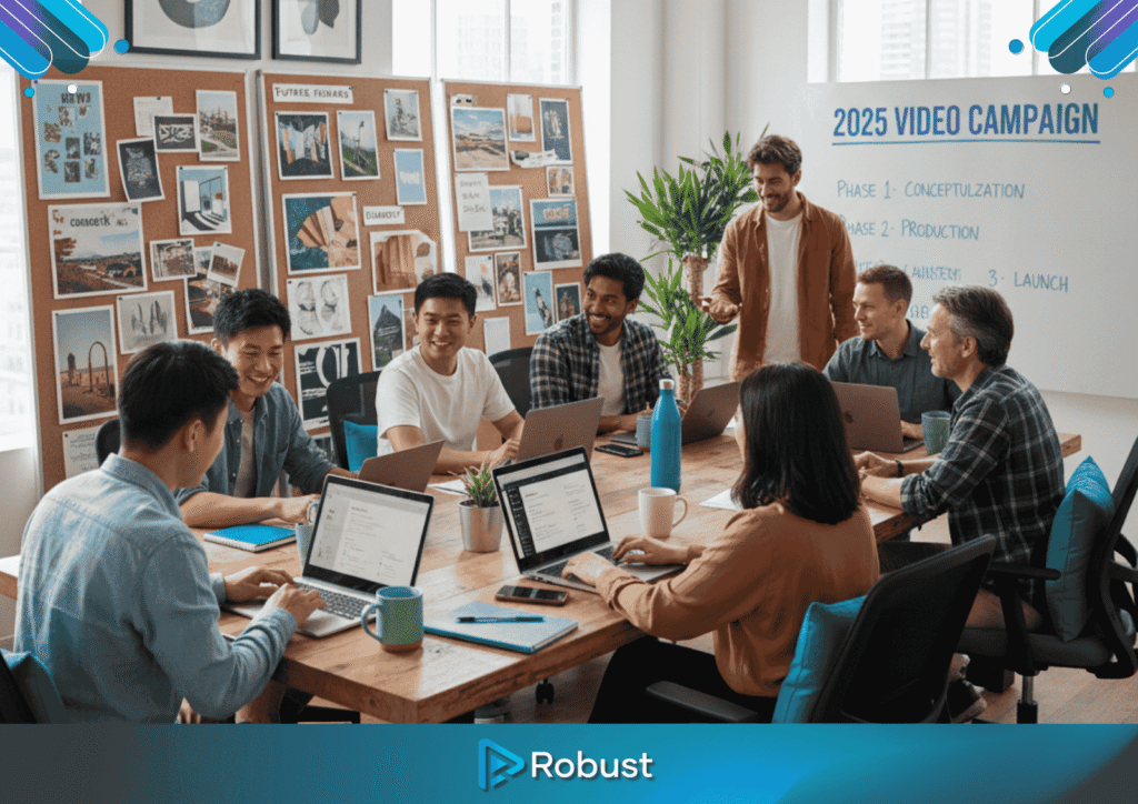 A group of people sit and stand around a conference table with laptops, discussing a 2025 video campaign plan displayed on a whiteboard.