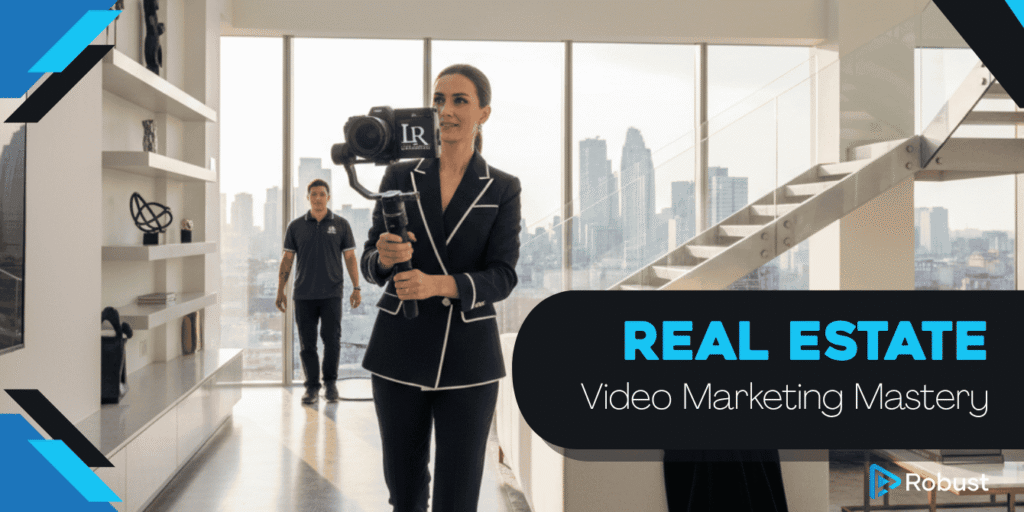 A woman films a real estate property tour inside a modern home, with city buildings visible through large windows; the text reads "Real Estate Video Marketing Mastery.